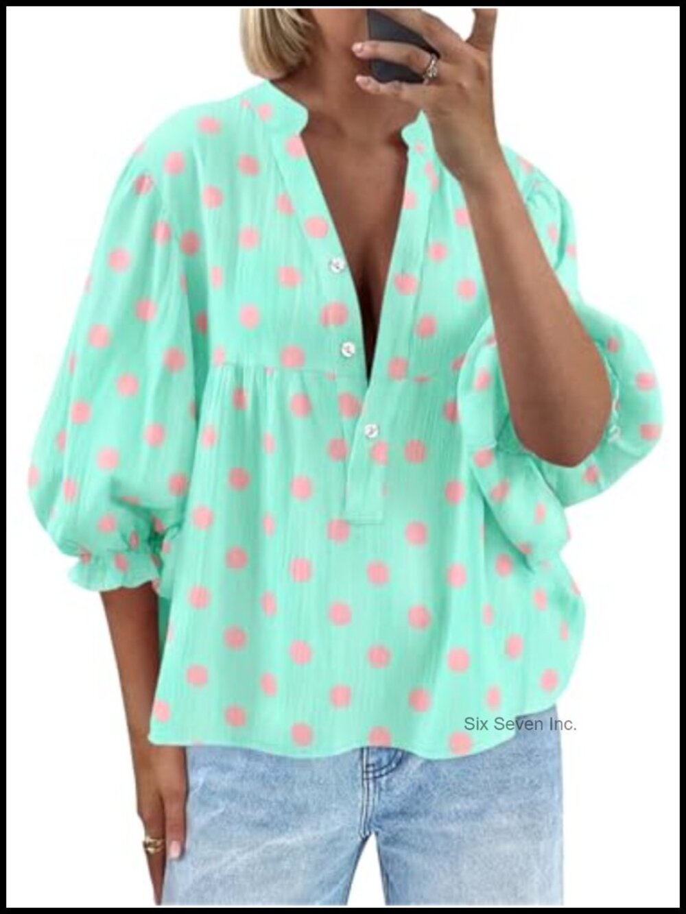 Puff Sleeve Striped V Neck Blouse Button Down Peplum Top